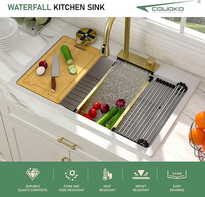 33x22 Drop In Waterfall Kitchen Sink White Granite Composite Smart Kitchen Sink Multifunction Single Bowl Top Mount White Multifunctional Waterfall Smart Sinks with Faucet Combo Glass Rinser