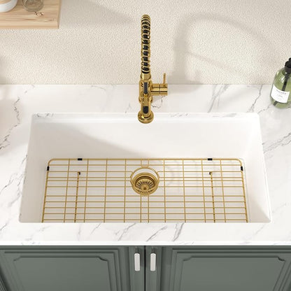 Lordear 33 Inch White Kitchen Sink Granite Composite Undermount Kitchen Sink Workstation 33x19 White Quartz Sinks Under Counter Single Bowl with Classic Gold Accessories