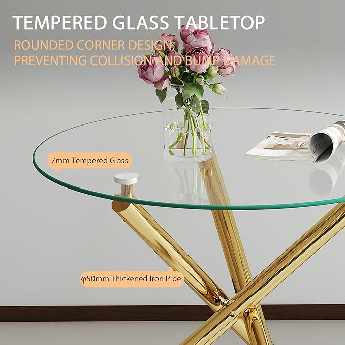 Pvillez 36“ Round Dining Table for 4, Contemporary Tempered Glass Dining Table, Small Dinner Table with Gold Cross Metal Base, Round Clear Kitchen Table Writing Desk for Dining Kitchen