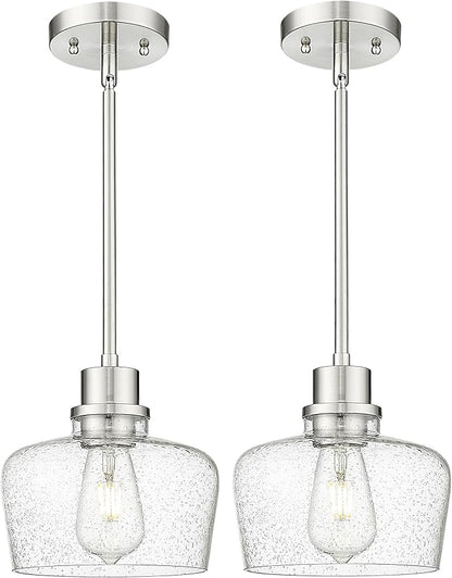 Emak Modern Brushed Nickel Pendant Lights Kitchen Island, 2 Pack 8 Inch Seeded Glass Pendant Light Fixtures for Kitchen Island, Bathroom, Bedroom, Dining Room, PL122-BN-2PK