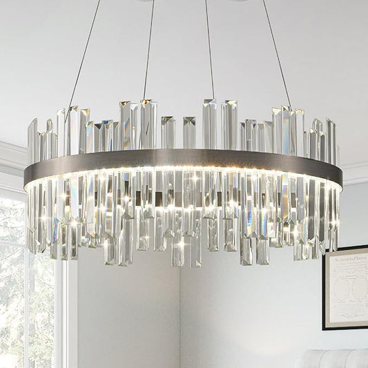 Nickel Led Modern Crystal Chandelier: 23.6" Round K9 Luxury Smoke Grey & Clear Crystal 3 Color Dimmable Contemporary Chandeliers for Dining Room Light over Table - Adjustable Height Light with Remote