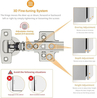 Chibery 20 Pack Frameless Full Overlay Soft Close Concealed European Hinges, Self Closing Satin Nickel, 105 ° Open Angle 4D Adjustment, Speed Control, Clip On, Stainless Steel for Cabinet Door