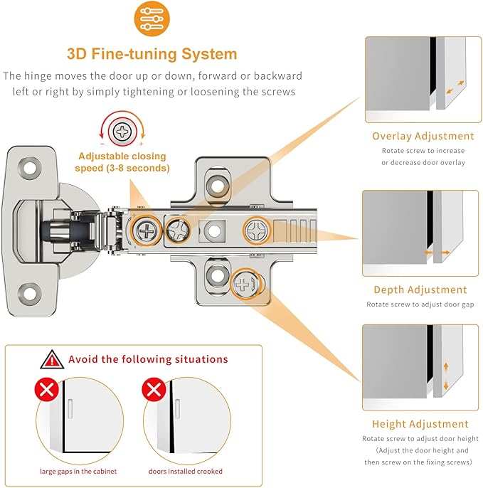 Chibery 50 Pack Frameless Full Overlay Concealed European Hinges, Self Closing Satin Nickel, Soft Close 105 ° Open Angle 4D Adjustment, Speed Control, Clip On, Stainless Steel for Cabinet Door