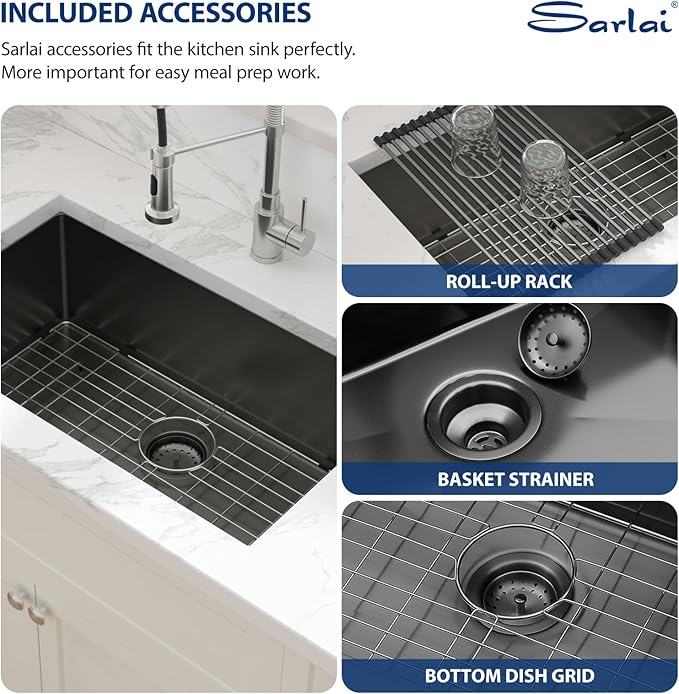 Sarlai 30 Black Undermount Kitchen Sink - 30 x 18 inch Kitchen Sink Undermount Gunmetal Black Stainless Steel 16 Gauge Single Bowl Sinks Basin