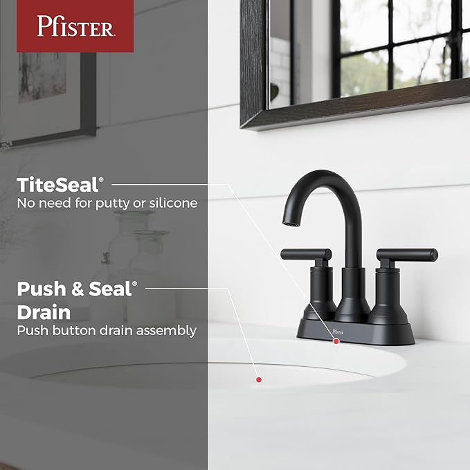 Pfister Capistrano 4 in Centerset 3-Hole Matte Black Bathroom Sink Faucet with 2-Handle Push & Seal Drain Technology, NSF Certified WaterSense Vanity Faucet LF048CSOSDB
