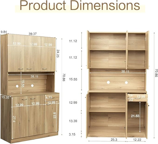 71" Kitchen Pantry Cabinets with Microwave Stand, 6 Doors & 3 Adjustable Shelves, Freestanding China Cabinet Hutch, Buffet Cabinet with Storage, Oak