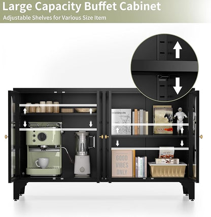 Foreate Sideboard Buffet Cabinet with Glass Door & LED Light, 53.2" Large Buffet Cabinet with Storage & Adjustable Shelf, Farmhouse Sideboard Credenzas Metal Kitchen Buffet, Black
