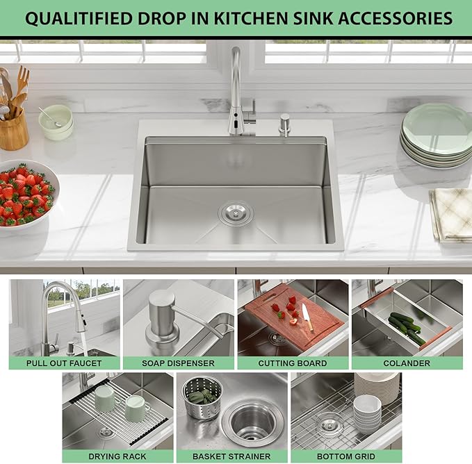 25 Drop In Kitchen Sink - Beslend 25x22 Kitchen Sink Drop In Workstation with Faucet, Stainless Steel Sinks and Soap Dispenser Topmount 16 Gauge Single Bowl Above Counter Dish Basin 9" Deep