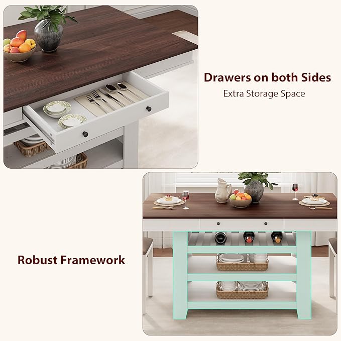 GAOMON 60" Counter Height Dining Table for 4, Farmhouse Rectangular Tall Bar Height Kitchen Dining Table & Thick Table Top, with Deepened Wine Rack & Shelves for Kitchen, Bar,Retro White & Brown