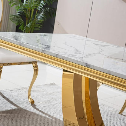 Modern Dining Table for 6-8, 68 Inch White Marble Kitchen Dining Room Table with Gold Mirrored U-Shape Base, Luxurious Rectangular Faux Marble Dinner Table for Dining Room,Living Room