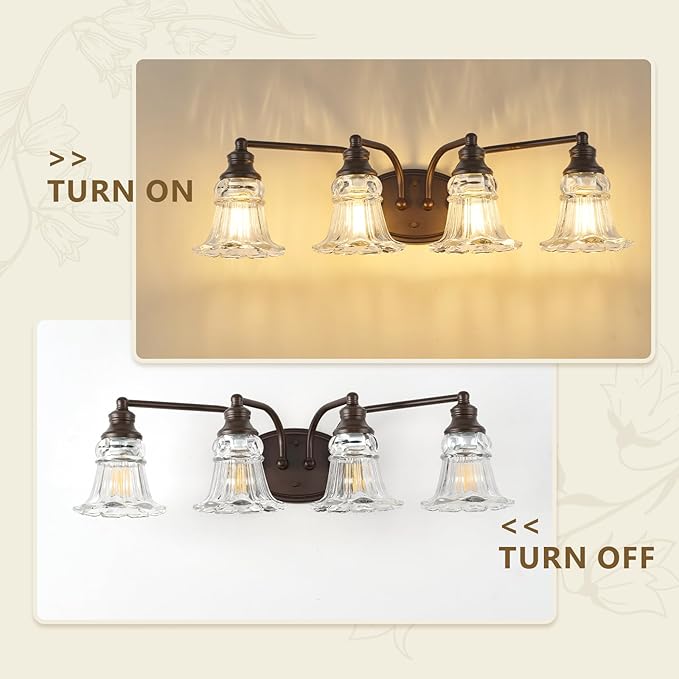 4-Light Bathroom Light Fixtures Over Mirror, Vintage Vanity Lights with Clear Floral Glass Shades, Oil Rubbed Bronze