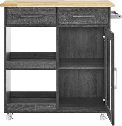 Modway Culinary Rolling Kitchen Cart with Storage in Charcoal Natural - 3 Tiers Kitchen Island on Wheels with Towel Bar, Functional as a Coffee Station, Bar Cabinet or Butcher Block Island