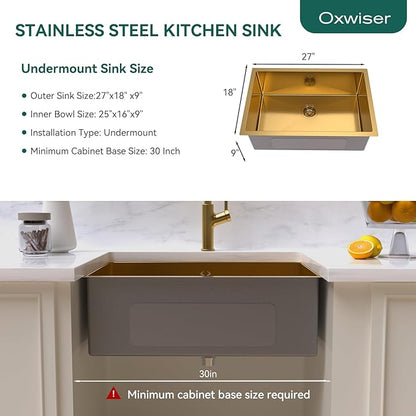 Gold Kitchen Sink 27x18 Inch Undermount Kitchen Sink 16 Gauge Stainless Steel Single Bowl with Accessories Round Corners Handmade