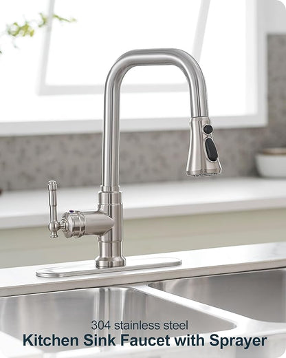 Brushed Nickel Kitchen Faucet with Sprayer, 3 Modes Pull Down Kitchen Sink Faucets, 304 Stainless Steel Suit 3 Hole or 1 Hole with Deck Plate & Pipes