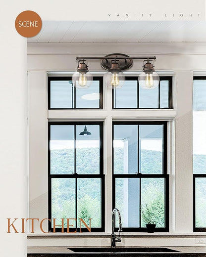 Farmhouse Bathroom Vanity Light, 3-Light Wall Mounted Vanity Lighting Fixture Over Mirror, Metal Frame with Globe Clear Glass, Oil Rubbed Bronze, AD-2148-3W