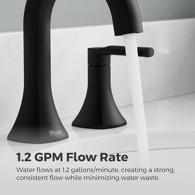 Pfister Vaneri Widespread Bathroom Sink Faucet 8 in 3 Hole 2 Handle Matte Black Finish NSF Certified Water Efficient Push & Seal Drain TiteSeal Technology LF049VRIBB