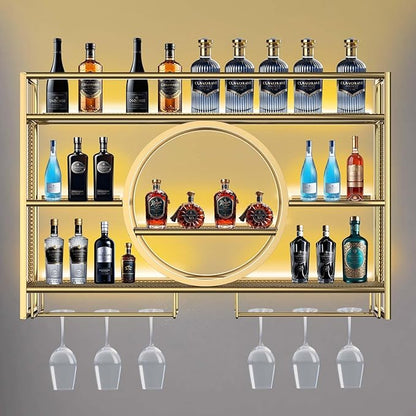 Metal Wine Rack Wall Mounted with LED Light, 3-Tier Bar Liquor Shelf with Wine Glass Holder, Modern Large Capacity Liquor Bottle Display Storage Shelf for Home Bar, Dining Room(Gold, 100 * 80 * 15)