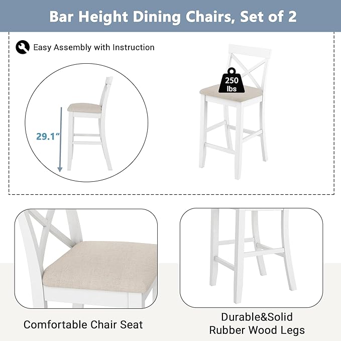 Farmhouse Rustic 3-Piece Counter Height Wood Kitchen Dining Sets, Home Bar Pub Kitchen Set, 48'' Long Bar Table with 2 Upholstery Chairs for Small Places