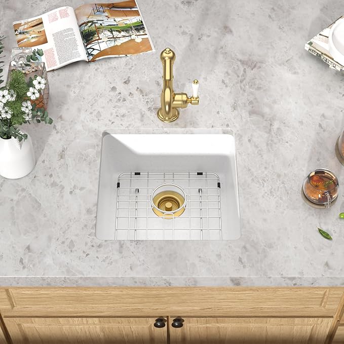 17"x17" White Undermount Bar Sink - Granite Composite Single Bowl Classic Quartz Under Counter Sink for RV, Kitchen Bar, Boat, and Outdoor #TLGU-133