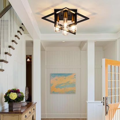 Semi Flush Mount Ceiling Light Fixture, 4 Light Industrial Ceiling Light,Black Frame & Gold Accent, Close to Ceiling Farmhouse Lighting for Kitchen, Bathroom, Bedroom, Hallway (E26,2-Pack)