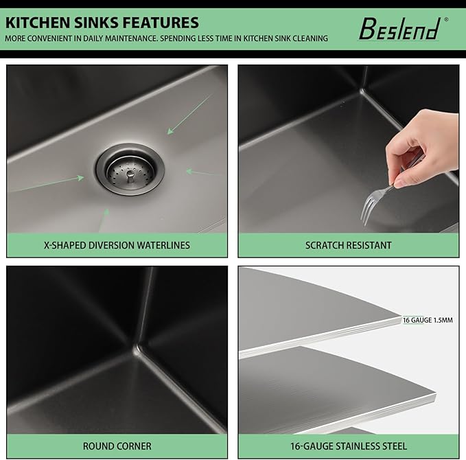 33 Inch Black Waterfall Kitchen Sink - Beslend 33x22 Drop In Waterfall Sink Nano Black Workstation Smart Sinks 16 Gauge Stainless Steel Single Bowl Dish Basin with Faucet Combo
