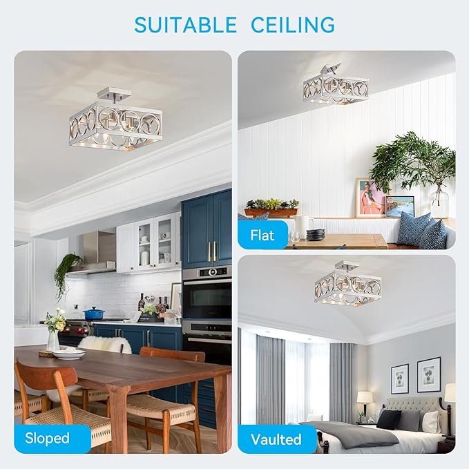 XINGQI Brushed Nickel Ceiling 4-Light 13'' Modern Semi Flush Mount Ceiling Light Fixture Rustic Chandelier Ceiling Lamp for Bedroom Living Dining Room with Square Metal Shade, E12 Bulbs