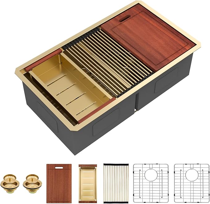 Sarlai 33 Inch Gold Undermount Kitchen Sink Double Bowl 33 x 19 Inch Low Divided Gold Workstation Double Kitchen Sink Stainless Steel 16 Gauge 50/50 Sinks Basin