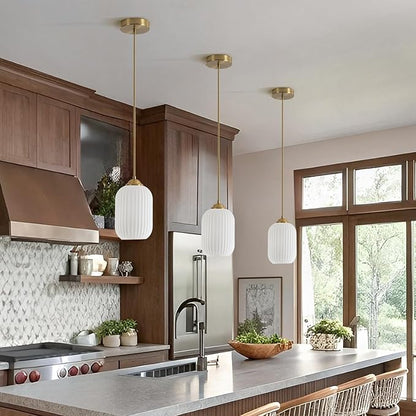 Milk Glass Cylinder Pendant Lights Kitchen Island Small Ribbed Hanging Light Brass Gold Pendant Lighting Fixtures Mid Century Modern Vintage Hanging Lamp (2 Pack)