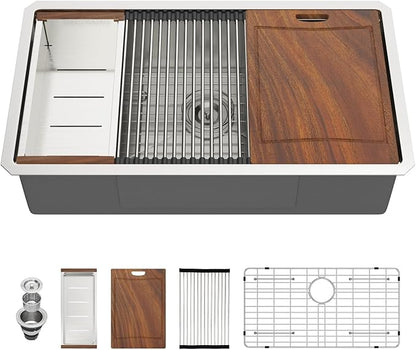 30 Undermount Kitchen Sink 30 ×19 X 9 Inch Stainless Steel Workstation Sinks 16 Gauge Single Bowl 9'' Deep Handmade Basin with Complete Accessories