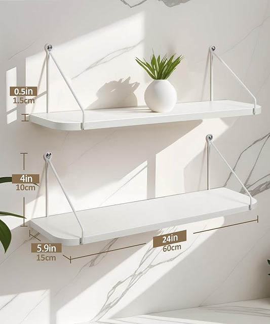 Afuly White Floating Shelves, 24 inch Long Shelves for Wall, Hanging Storage Shelf for Kitchen Bedroom Living Room, Wood Chic Wall Decor, Set of 2