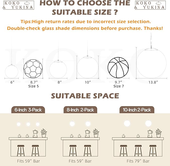 KoKo&Yukina 8 Inch Globe Pendant Light White Globe Pendant Lights Kitchen Island Mid Century Light Fixture with Milky White Glass Shade Adjustable Cluster Lights for Dining Room Living Room