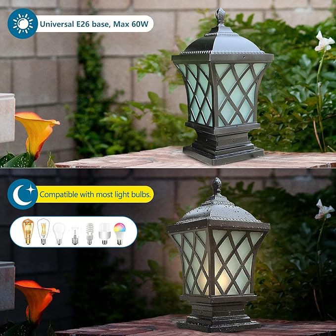 Outdoor Column Lights, 24.4″ Modern Column Lamp IP54 Waterproof Glass Post Light Outdoor E26 Aluminum Fence Post Light Fixtures for Villa Garden Park Lighting Black Pillar Lights