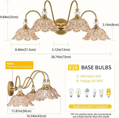 Vintage Bathroom Vanity Light, 4-Light Matte Brass Finish Vanity Light with Floral Amber Glass Shades, Retro Wall Mount Lighting for Bathroom, Dressing Table