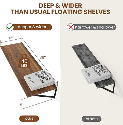 Heimlove 12 Inch Deep Floating Shelves for Wall, 36W x 12D Wood Wall Shelves Set of 2, Walnut Wide Floating Bookshelf for Living Room, Kitchen, Office, Bedroom, with Black Metal Bracke - Walnut
