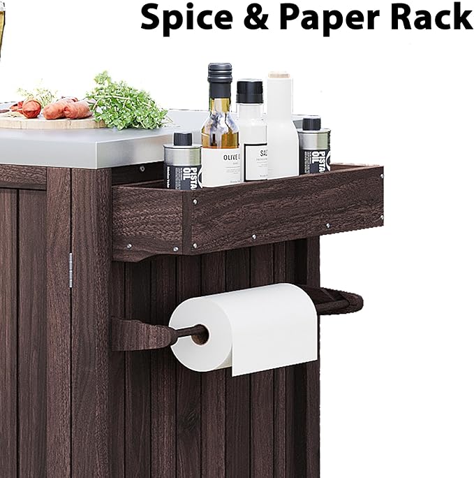 YOPTO Versatile 66.5" Outdoor Grill Cart for Big Green Egg,100% Fir Wood,Stainless Steel Top,Ample Storage,Weatherproof,6 Lockable Wheels,Dark Brown