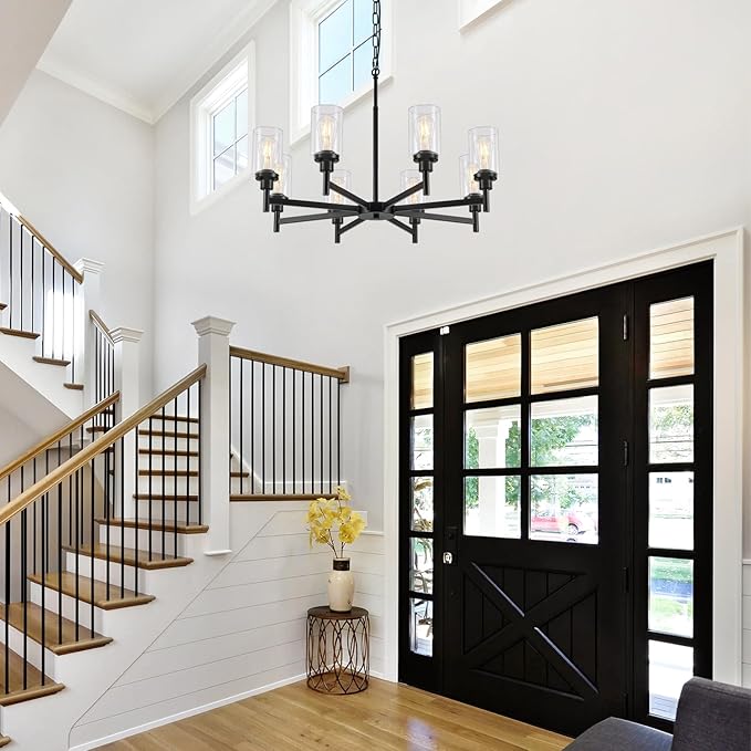 8-Light Farmhouse Glass Chandelier, Modern Black Chandelier for Dining Room Island Lights Industrial Hanging Foyer Lighting Fixtures Chandeliers for Entryway Kitchen Living Room Adjustable Height