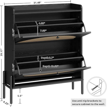 IRONCK Shoe Cabinet Storage with 2 Flip Drawers, Free Standing Wooden Shoe Storage Organizer Cabinet with Rattan Doors for Entryway, Narrow Shoe Rack Cabinet, Black