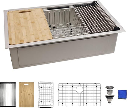 30 Inch Undermount Kitchen Sink Workstation, Delironexu 16 Gauge Stainless Steel Kitchen Sinks, 30''x18'' Single Bowl Undermount Sink with 6 Accessories, Multi-Functional Workstation Sinks