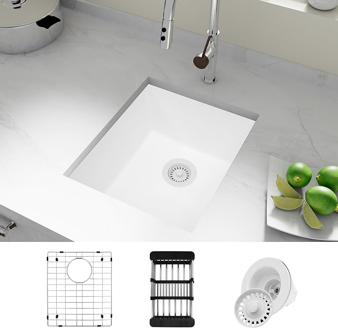 White Bar Sink, White Granite Composite Kitchen Sinks With Accessories, 17 Inch Undermount Quartz Stone Kitchen Sinks, 17" x 19" x 10" Small Kitchen Sink used for RV, Bar, Outdoor and Wet Bar