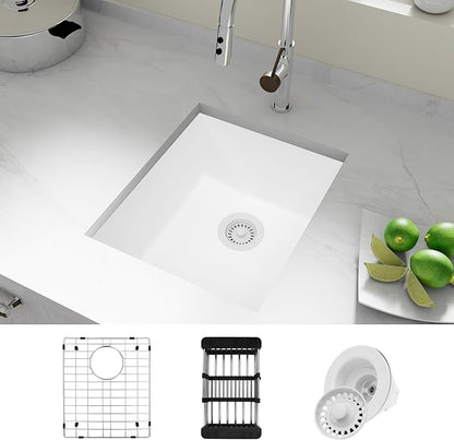 White Bar Sink, White Granite Composite Kitchen Sinks With Accessories, 17 Inch Undermount Quartz Stone Kitchen Sinks, 17" x 19" x 10" Small Kitchen Sink used for RV, Bar, Outdoor and Wet Bar