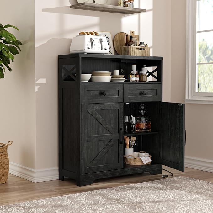 FiveWillowise 31.5" Black Storage Cabinet with Drawers and Shelf, Farmhouse Sideboard Buffet with Storage, Kitchen Pantry Hutch, Coffee Bar Cabinet Station Table for Kitchen, Living, Dining Room