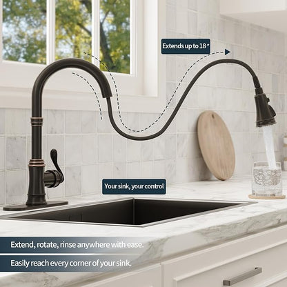 BWE Solid Brass Kitchen Faucet, Oil Rubbed Bronze Kitchen Sink Faucet with Pull Down Sprayer, 3 Spray Modes, Single Handle High Arc, with Deck Plate, Commercial/Farmhouse/Bar Sink Faucet