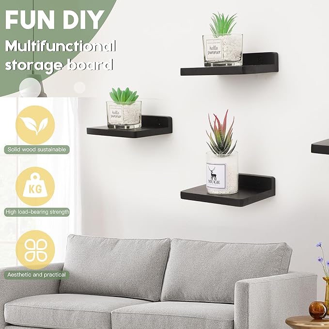 Small Floating Shelf, 5x6 Inch Display Ledges for Wall,Mini Shelves,Rustic Wood Shelf for Bedroom Living Room Bathroom Kitchen (6, Black)