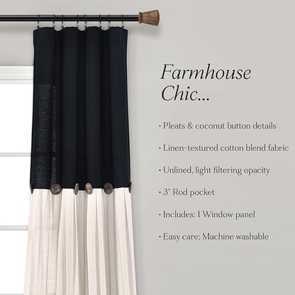 Lush Decor Linen Button Window Curtain Panel, Single, 40" W x 108" L, Black & White - Country Curtains - Rustic Decor - Color Block Modern Farmhouse Curtains For Living Room, Bedroom & Dining Room
