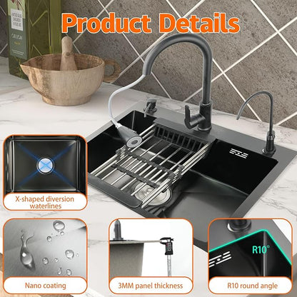 19.7x17.7in Black Kitchen Basin, Drop-In Sink with Pull-Down Faucet and Multiple Accessories, Stainless Steel Topmount Single-Bowl Workstation with Sliding Accessories for Modern Kitchens, Farm