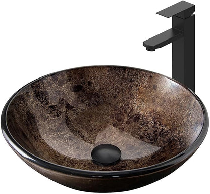 Bathroom Artistic Vessel Sink, Tempered Glass Vanity Round Bowl with Black Faucet and Pop up drain Set, Brown