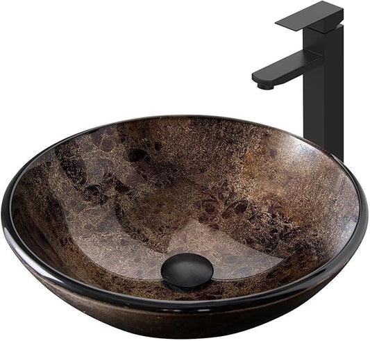 Bathroom Artistic Vessel Sink, Tempered Glass Vanity Round Bowl with Black Faucet and Pop up drain Set, Brown