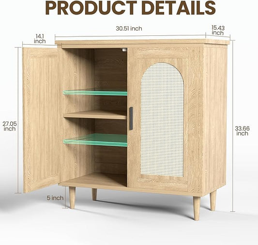 GarveeHome Sideboard Buffet Kitchen Storage Cabinet with Rattan, Solid Wood Feet for Living Room, Hallway, Entryway, Cabinet with Ample Storage Space (Natural, 2 pcs)