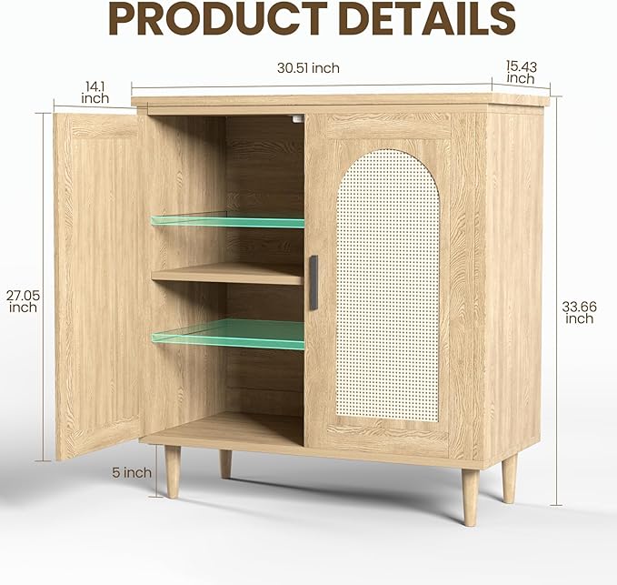 GarveeHome Sideboard Buffet Kitchen Storage Cabinet with Rattan, Solid Wood Feet for Living Room, Hallway, Entryway, Cabinet with Ample Storage Space(1PCS)