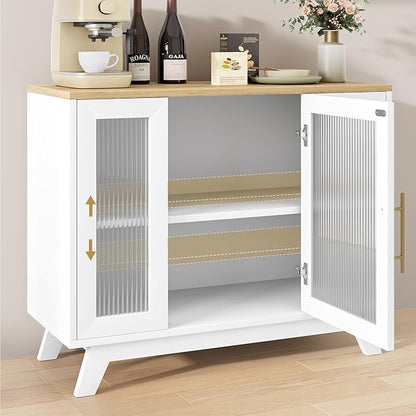 CABIHOME Buffet Cabinet, 36" Sideboard Buffet Storage Cabinet with Adjustable Shelves and Fluted Glass Door, Modern Coffee Bar, Table for Kitchen, Dining Room, Natural